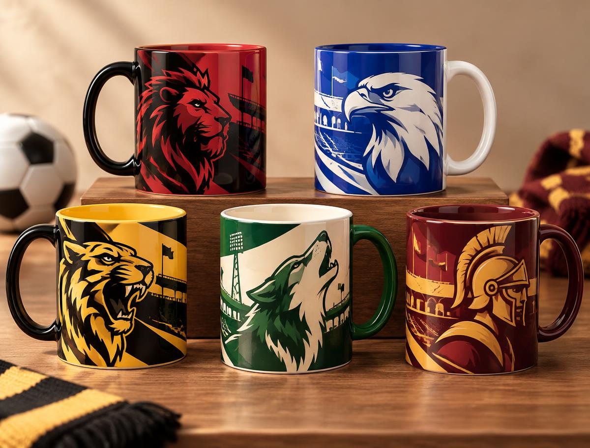 Cinco canecas personalizadas com temas de equipes