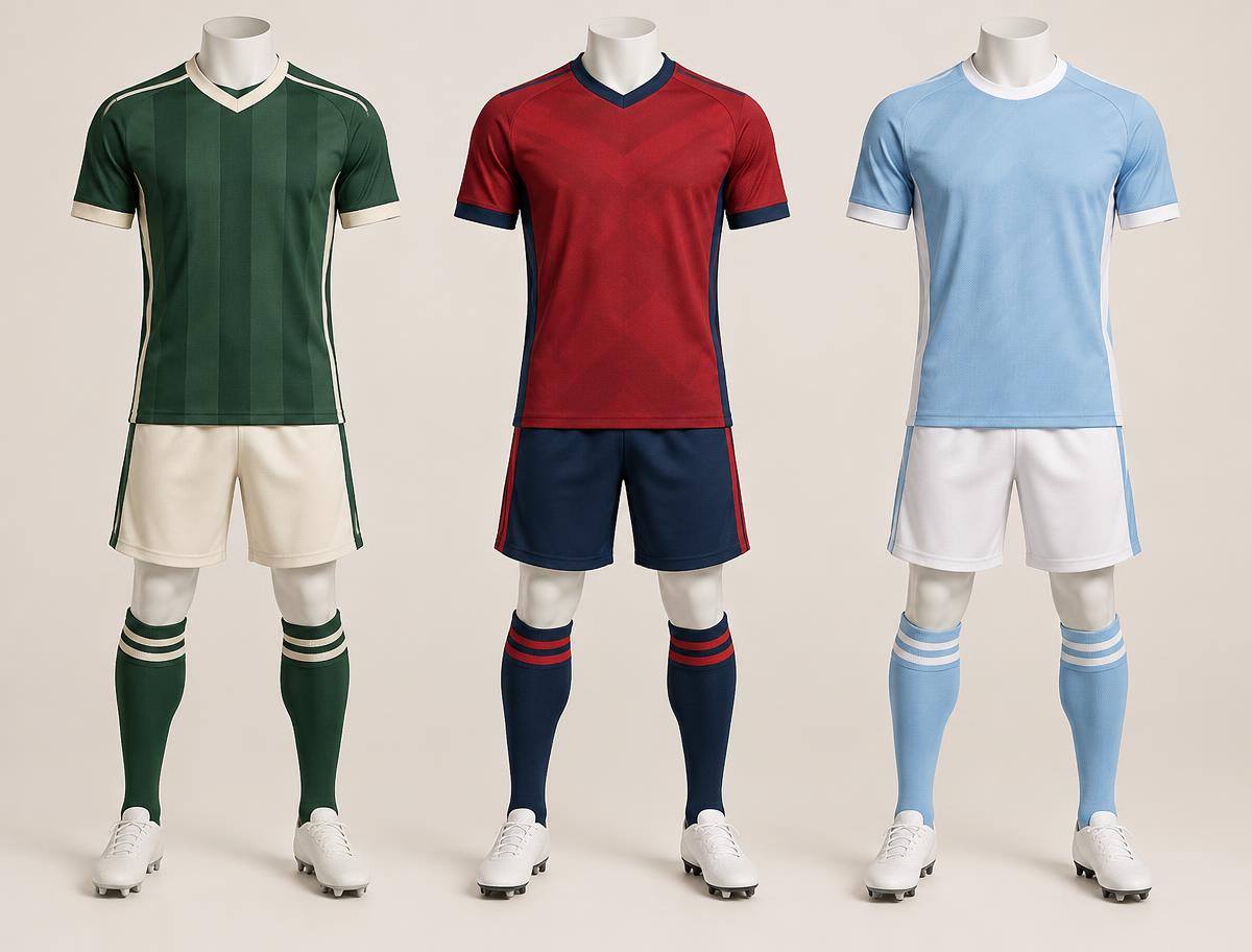 Três conjuntos completos de futebol personalizados