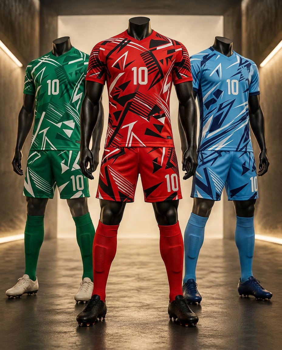 Três conjuntos de futebol personalizados em destaque